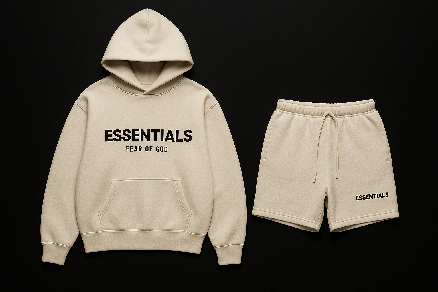 Fear of God essentials sweatshirt and shorts. Use real images of these items from the internet. Use a black background and make the sweatshirt and shorts a lighter color 