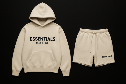 Fear of God essentials sweatshirt and shorts. Use real images of these items from the internet. Use a black background and make the sweatshirt and shorts a lighter color 