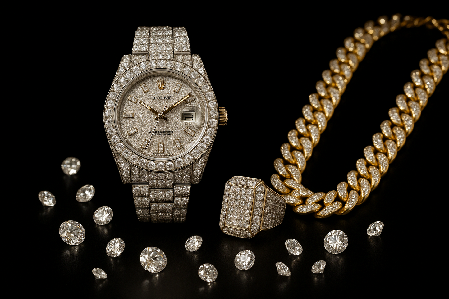 iced out rolex, necklace, and mens ring with loose diamonds around them with a black background