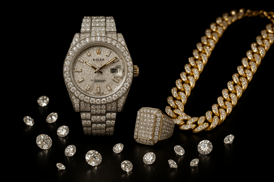 iced out rolex, necklace, and mens ring with loose diamonds around them with a black background